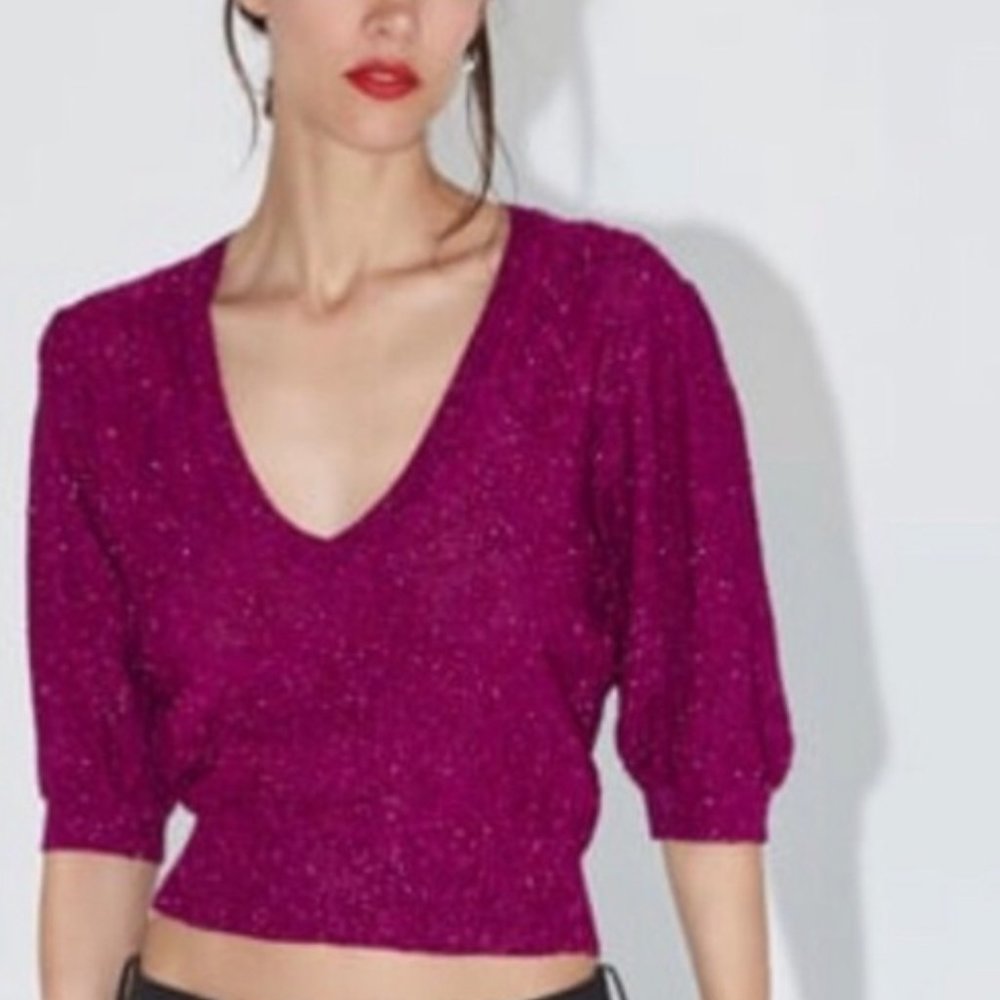 NWT Zara Purple Metallic Italian Yarn Cropped V-Neck Sweater Size L - Picture 6 of 7
